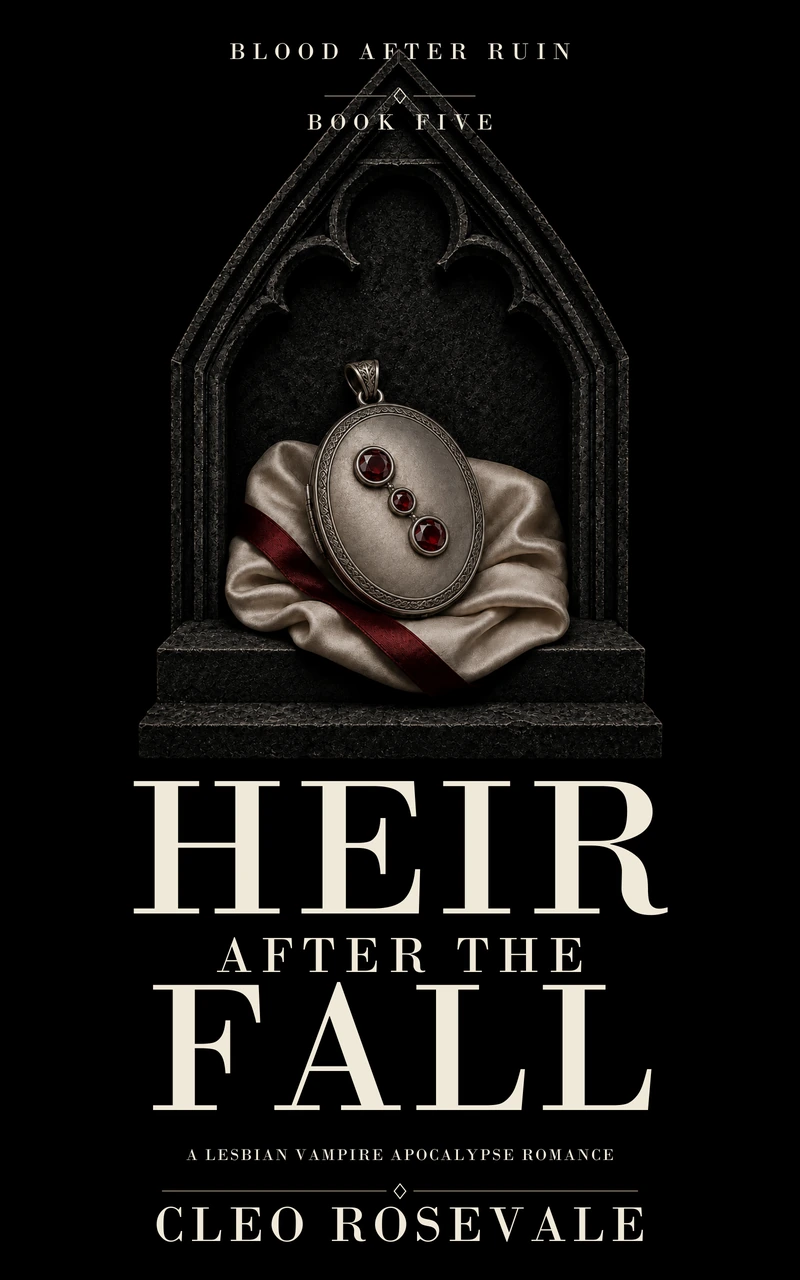 Heir After The Fall by Cleo Rosevale: a silver family locket with three garnets on ivory silk inside a black Gothic stone arch.